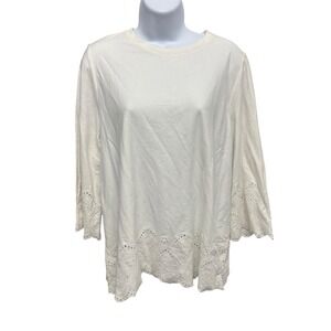 J. Jill Womens White 100% Cotton Eyelet Embroidered Hem Long Sleeve Top M
